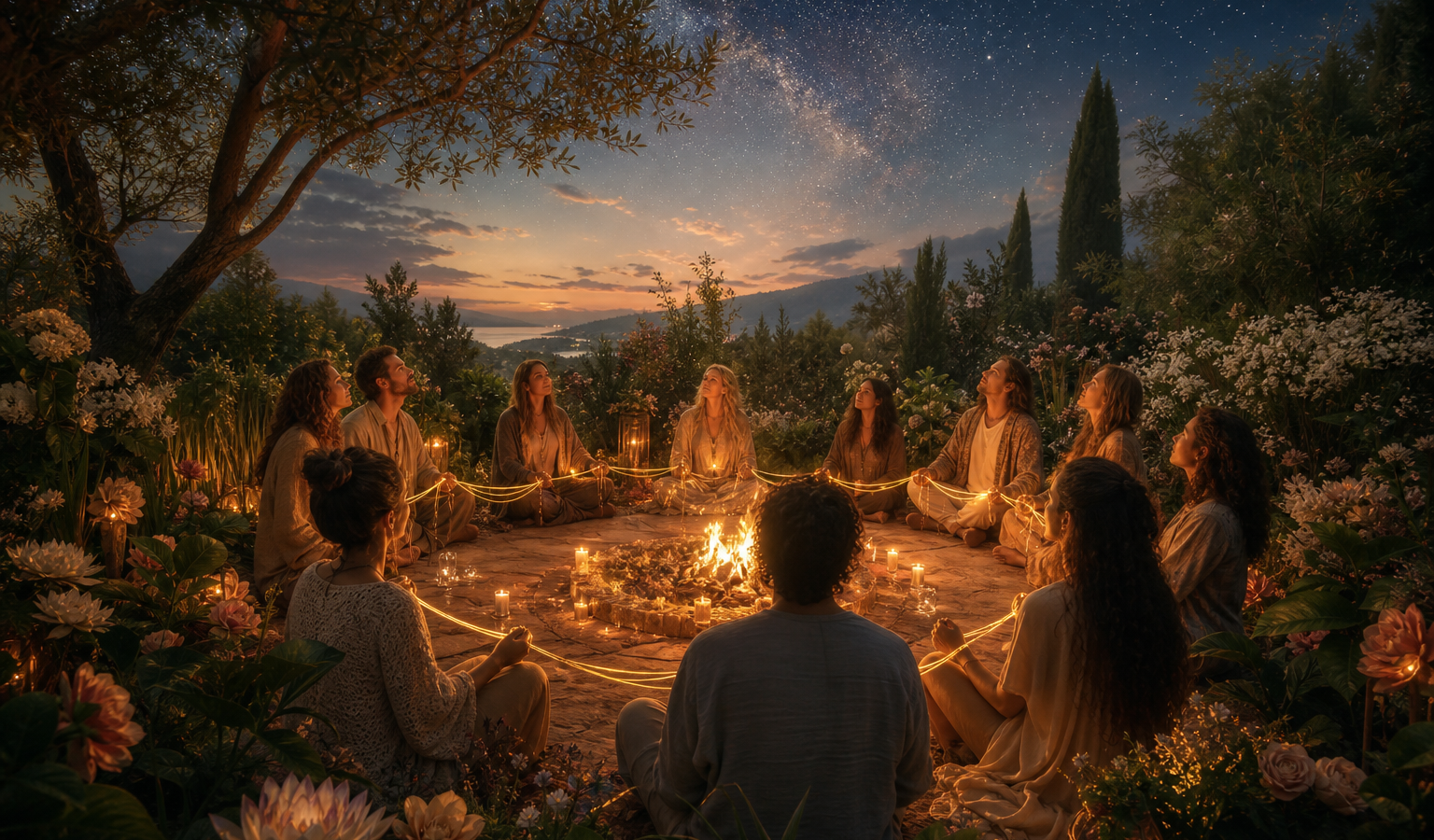 Cercle autour d'un feu sous les étoiles, fil d'or et jardin sacré