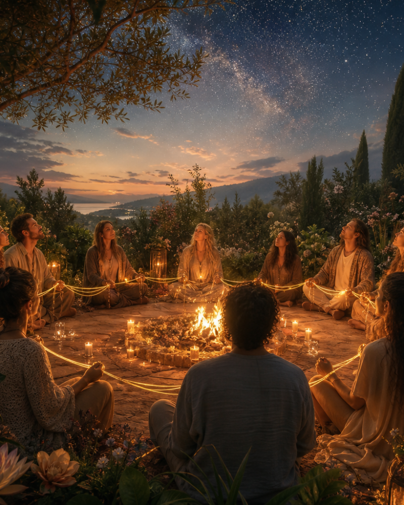 Cercle autour d'un feu sous les étoiles, fil d'or et jardin sacré